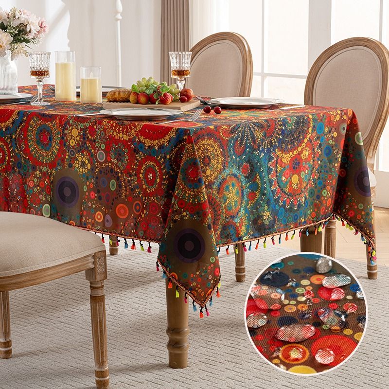 Nappe bohème imperméable à franges colorées imprimées avec pompons, résistante aux taches, lavable pour table à manger et table basse_voghion.com