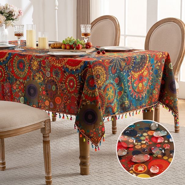 Nappe bohème imperméable à franges colorées imprimées avec pompons, résistante aux taches, lavable pour table à manger et table basse_voghion.com