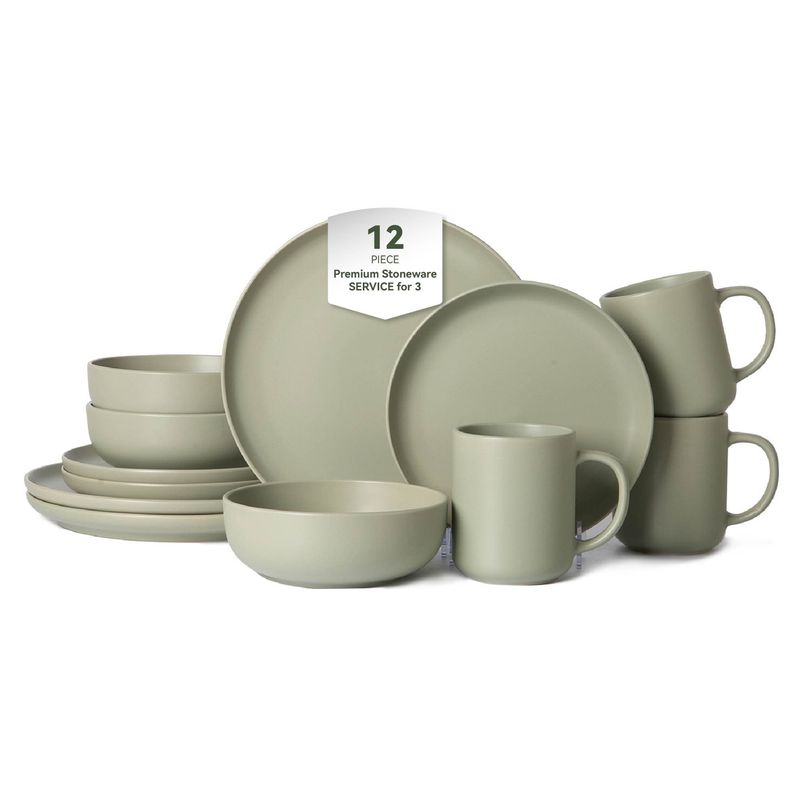 12-Piece Stoneware Dinnerware Sets With Mugs | Microwave & Dishwasher Safe | Non-Toxic Dinner Plates Bowls Set | Stackable Matte Glaze Kitchenware For 3_voghion.com