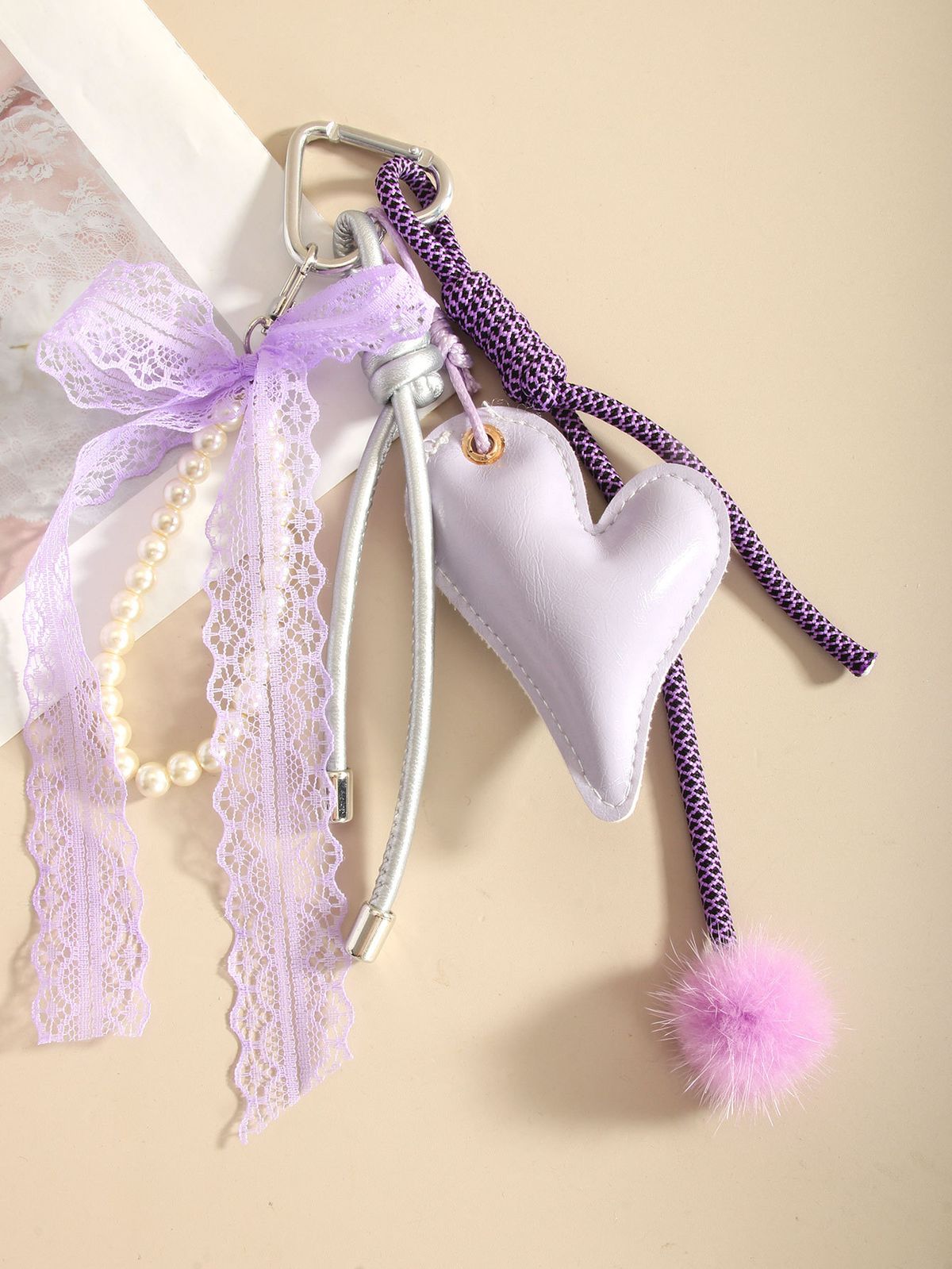 Irregular Purple Heart Lace Bow Pearl Beaded Bag Charm Keychain_voghion.com