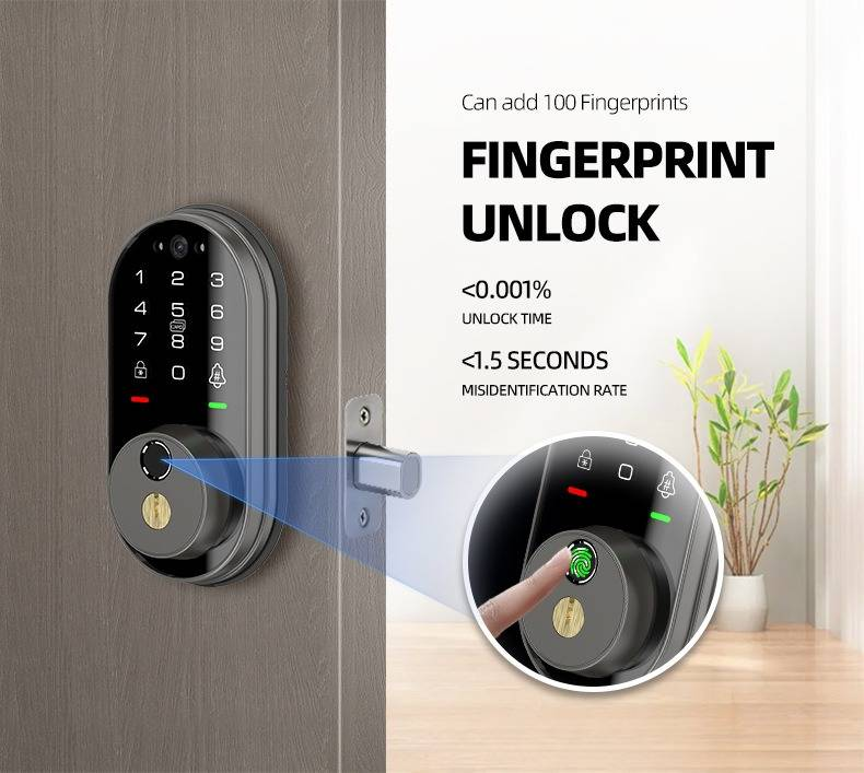 Smart Locks And Entry Deadbolt Fingerprint Lock Instant Open With Touch Keyless Entry Via Pin Card App Built-In Cat-Eye Camera & Smart Control_voghion.com