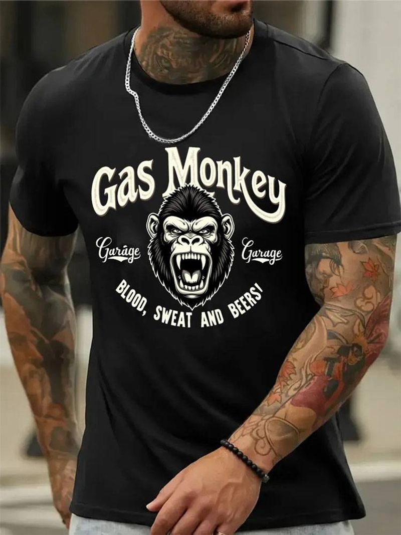 Men's 318 240g Cotton Graphic T-Shirt - Gas Monkey Garage Design, Breathable And Comfortable, Summer Casual Crew Neck Short Sleeve, Bold Print_voghion.com
