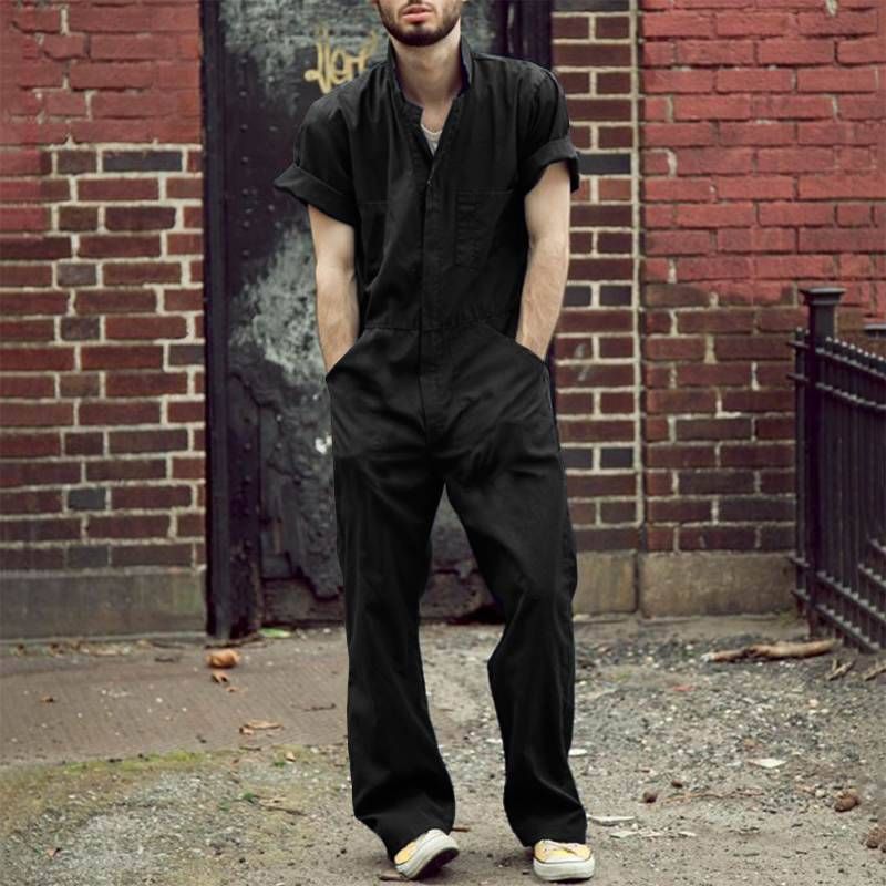 Herren-Revers, Knopfleiste mit mehreren Taschen, Kurzarmhemd, lange Hose, lockere Arbeitskleidung, einfarbiger Overall_voghion.com