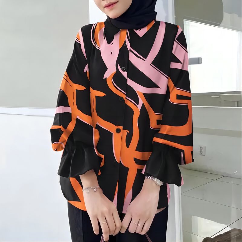 Muslim Women's Shirt Retro Flare Long Sleeve Printed Lapel Casual Loose Top_voghion.com