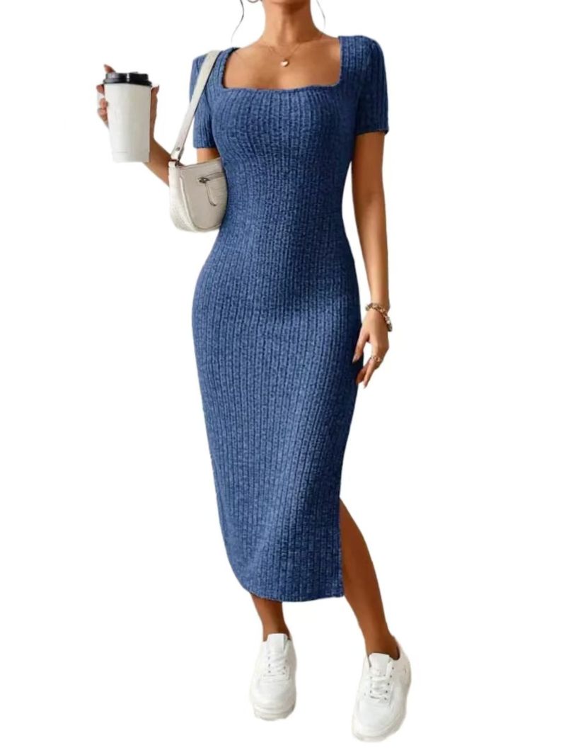 Robe en maille côtelée à manches courtes pour femme, col carré, hanches et taille 2025_voghion.com