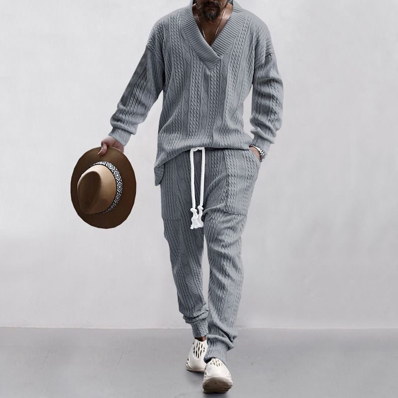 Herren-Set aus lässigen langen Hosen und Strickpullover mit V-Ausschnitt – bequemes Herbst-Outfit aus Baumwollmischung für stilvolle Männer (Weiß, Marineblau, Khaki, Hellgrau, Schwarz)​_voghion.com