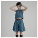 Audday First Look Vintage Summer Frayed Short Sleeveless A-line Low Waist Elegant Denim Skirt Set_voghion.com