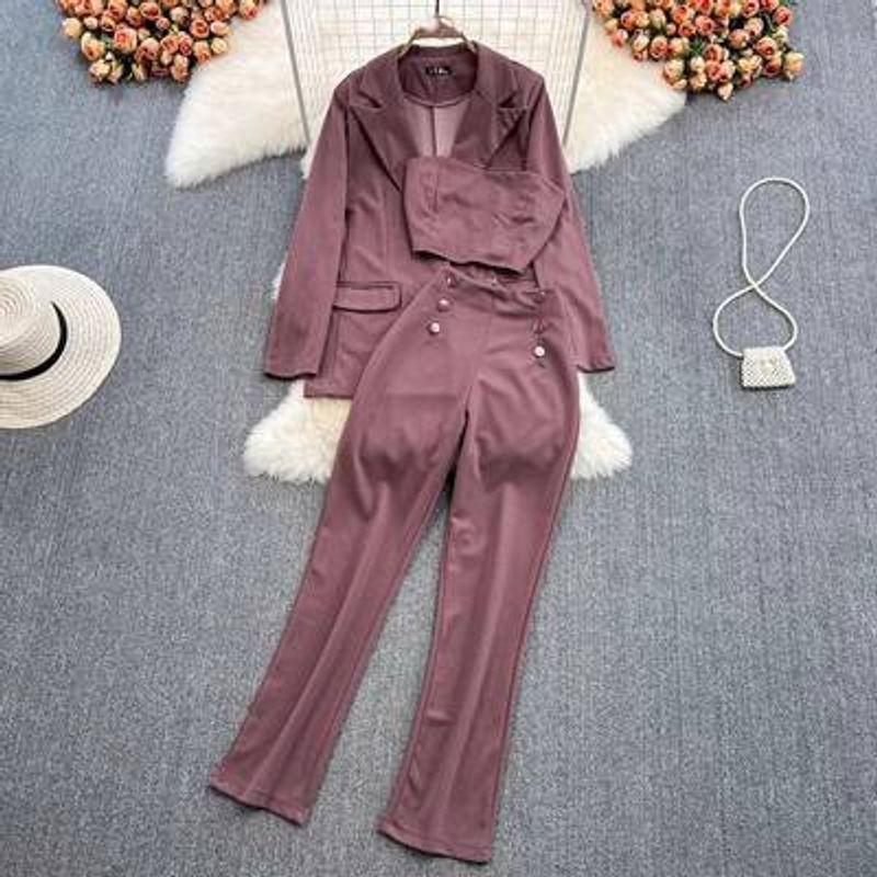 Vêtements pour femmes Temperament Suit Jacket Costume trois pièces Haut taille haute Jambe large_voghion.com