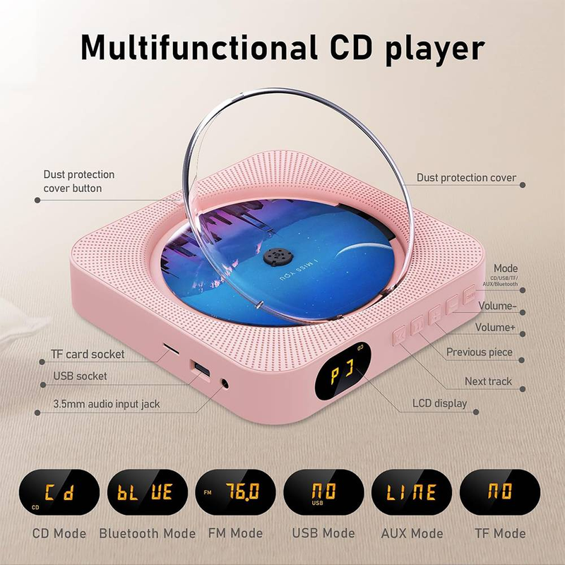 Byteuni Bluetooth Tragbarer Heim-CD-Musikplayer mit Fernbedienung, Timer, eingebauten Lautsprechern und LED-Anzeige, FM-Radio-Boombox (nicht wiederaufladbar)_voghion.com