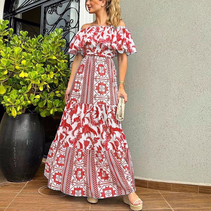 Women's Elegant High Waist One Line Neck Printed Bohemian Style Dress_voghion.com
