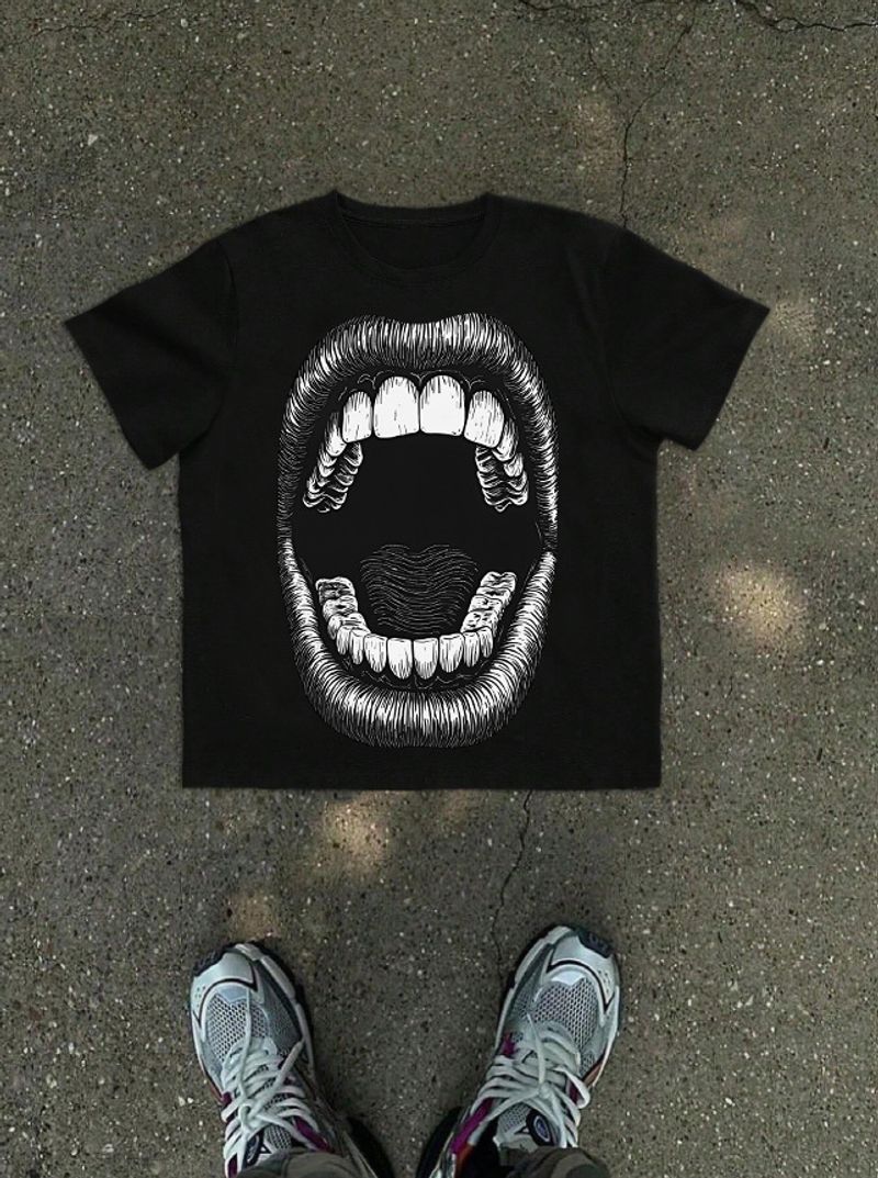Herrenbekleidung, modisches T-Shirt mit Rundhalsausschnitt und Kontrastfarbe, kurze Ärmel, übertriebener Big Mouth-Print_voghion.com