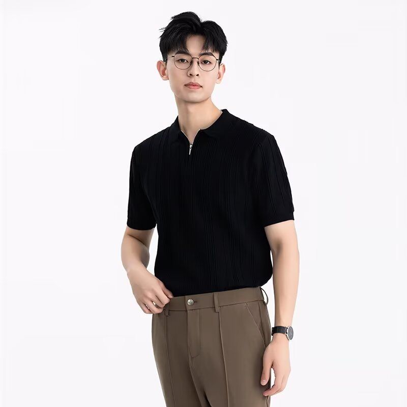 Herrenbekleidung Sommer Gestreiftes Neues Gestricktes Poloshirt Cooles Atmungsaktives Schlankes Kurzarm-T-Shirt Revers Arbeitskleidung_voghion.com
