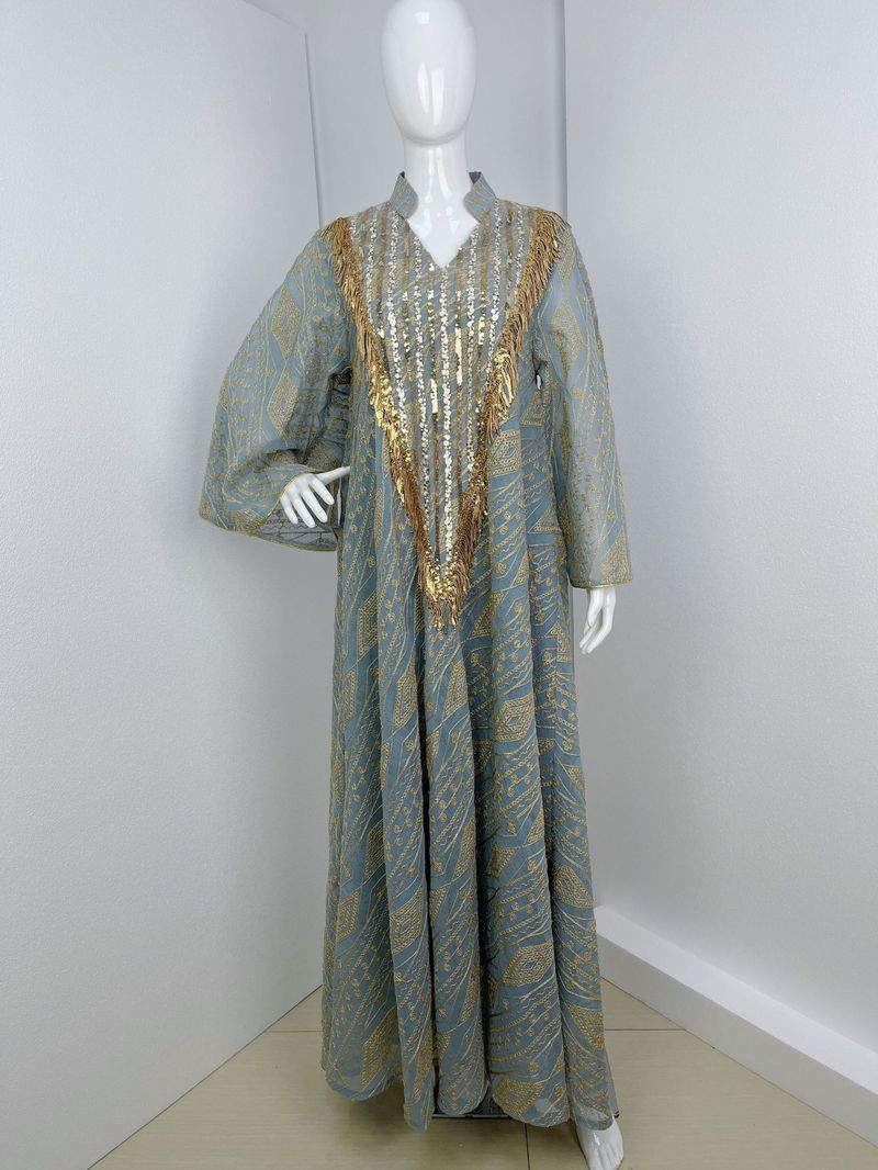 Women's Clothing Muslim Evening Dress Arab Dubai Dress Robe Mesh Embroidery Sequins_voghion.com