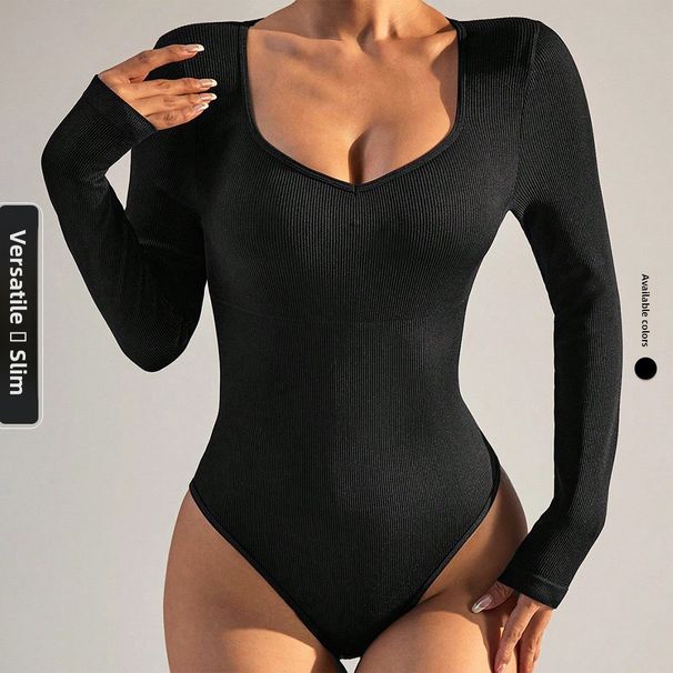 Mono sin costuras para mujer, manga larga, cuello redondo, corte ajustado, camiseta base de algodón acanalado, versátil para usar como prenda exterior o para bailar._voghion.com