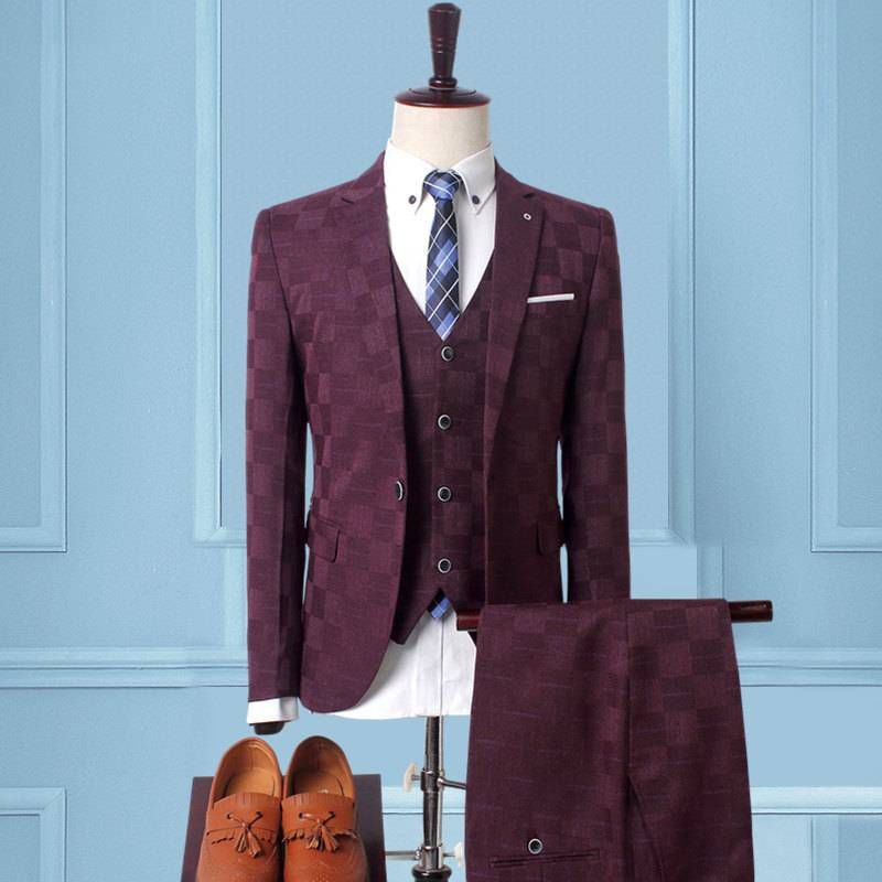 3pcs Men's Suits, Check Pattern Suit, Custom Suits, Men's Business, Casual, Slim Fit Groom Groomsman Wedding Dress (top, Pants, Vest)_voghion.com