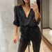 Glitter Sequin Wrap V-Neck Jumpsuit For Women - Stylish Long Sleeve Belted Romper, Casual & Party Outfit (Black, Silver,)_voghion.com