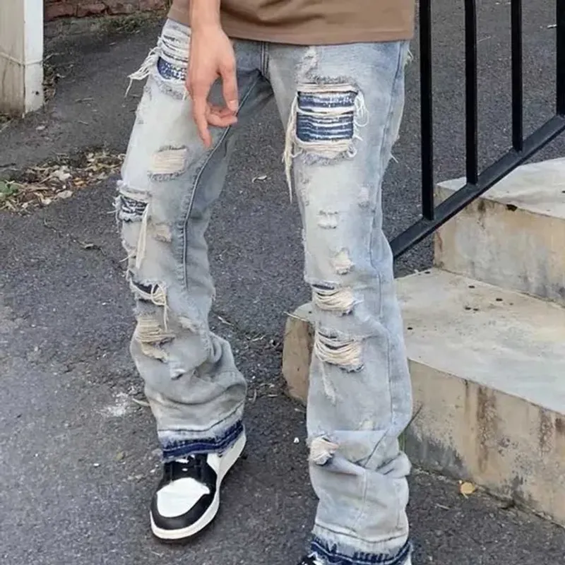 Uomo 2022 High Street Hole Strappato Vintage Uomo Hip Hop Jeans larghi Pantaloni Punk Distressed Retro lavato denim dritto_voghion.com