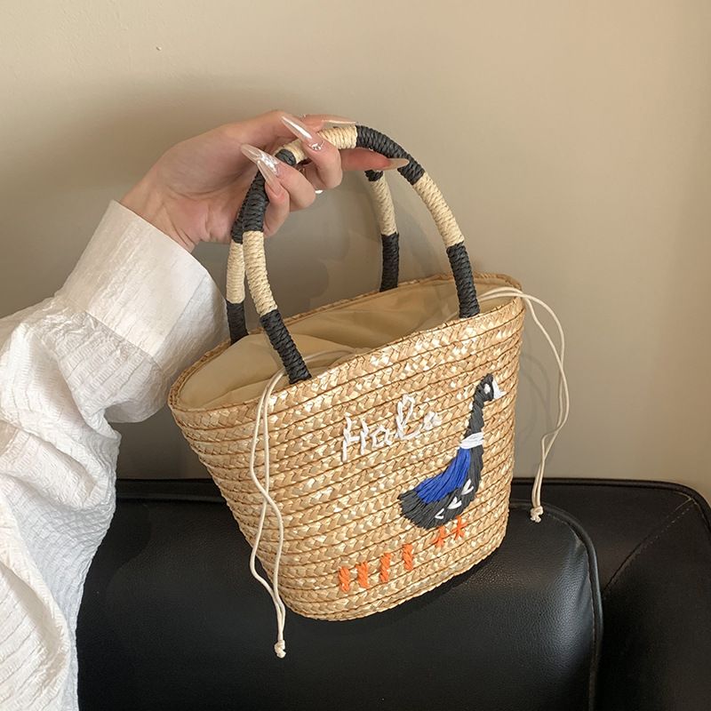 Gewebte Taschen mit Henkeln für Damen, lässige, bestickte Tragetaschen aus Stroh, Strandtaschen für Reisen_voghion.com