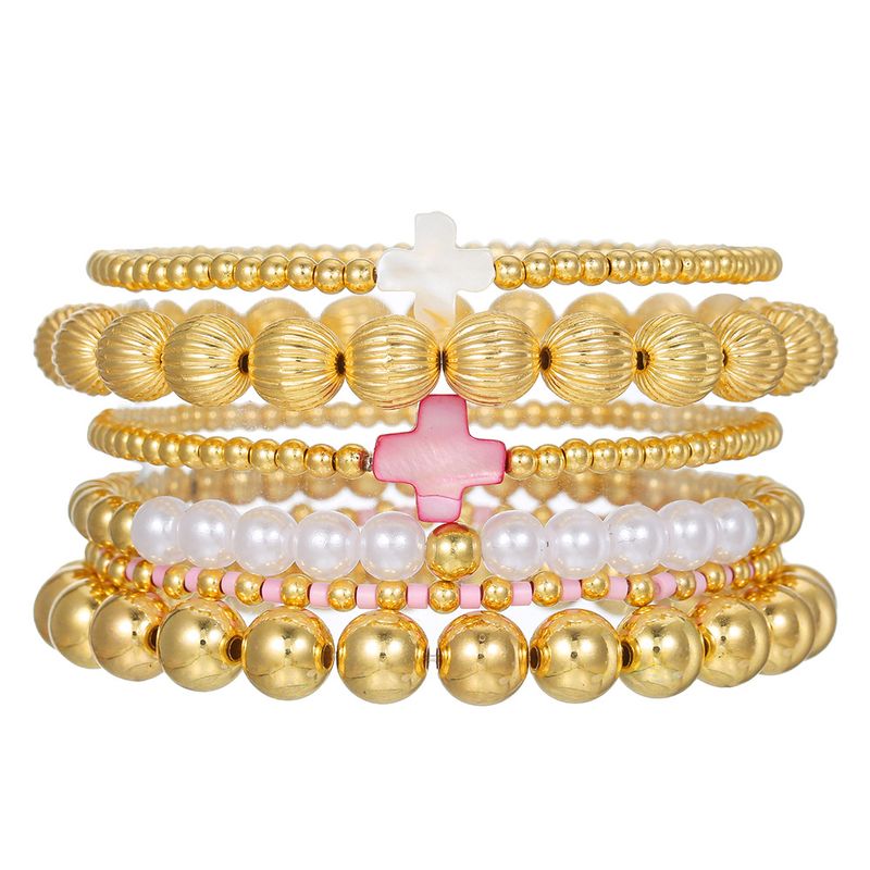 Personalized Style Shell Cross Pearl CCB Soft Clay Beaded Elastic Gold Women's Bracelet 6-Piece Set_voghion.com