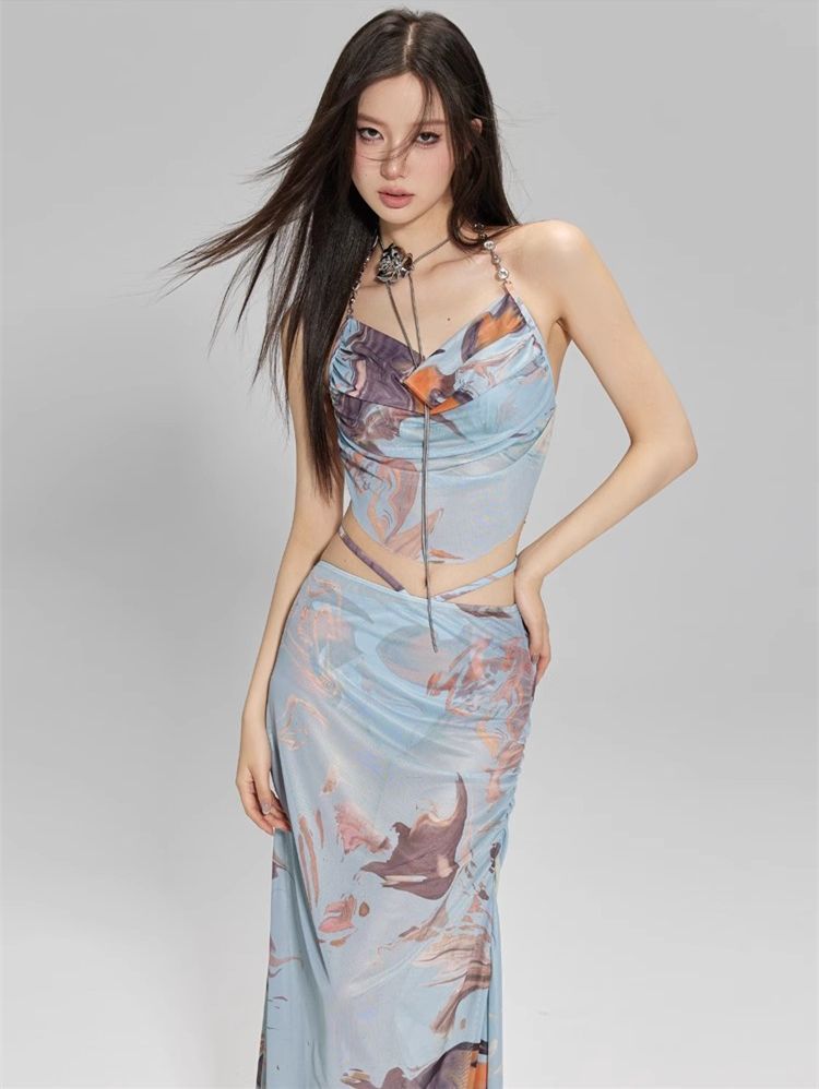 Maillot de bain deux pièces à armatures, pour poitrines généreuses et fines, jupe longue froncée, imprimé vacances à la plage, 2025_voghion.com