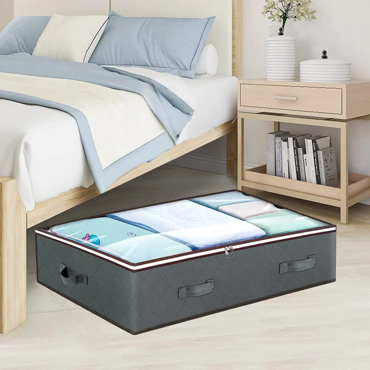 Boîte de rangement sous le lit, boîte de rangement transparente pour vêtements, sac de rangement pliable pour couette domestique_voghion.com