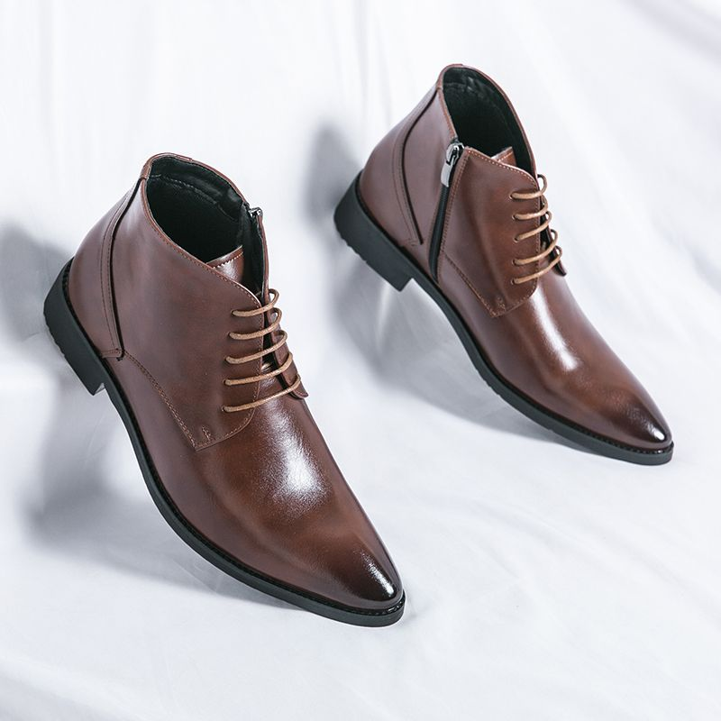 Scarpe alte in pelle stringate, stivali alla moda a punta da uomo_voghion.com