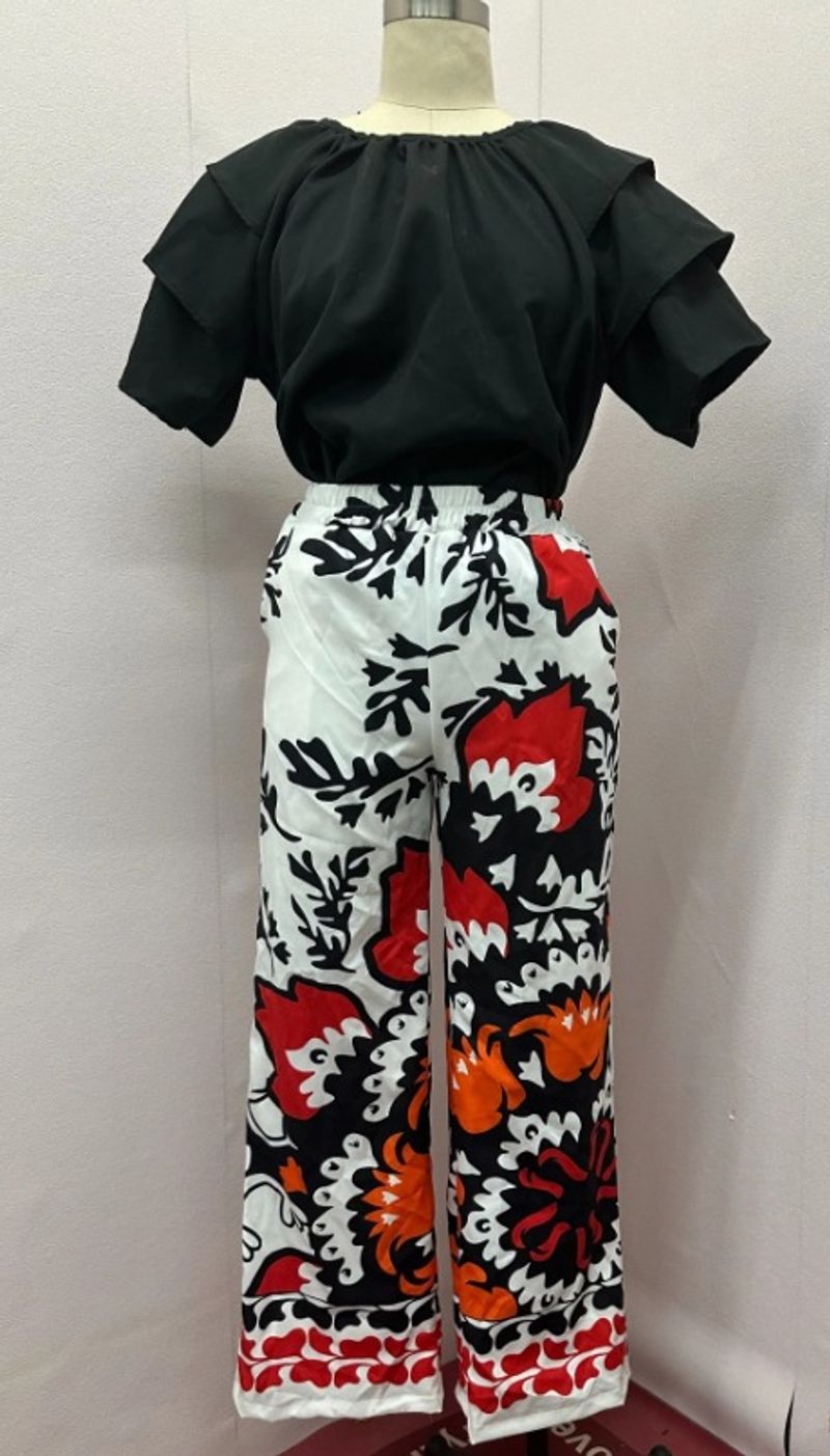 Damenbekleidung Rüschen Rundhals Top Mode Bedruckte Hose Freizeitanzug_voghion.com