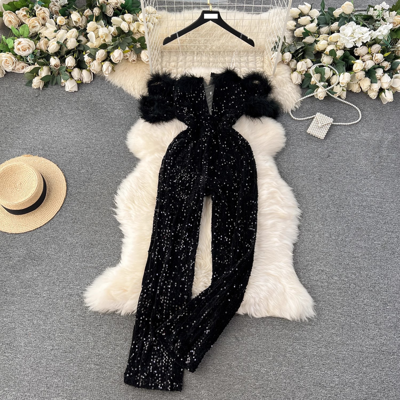 Dametøj elegant temperament jumpsuit kvindelige ins bære en skulder pels splejsning pailletter slanke bukser_voghion.com