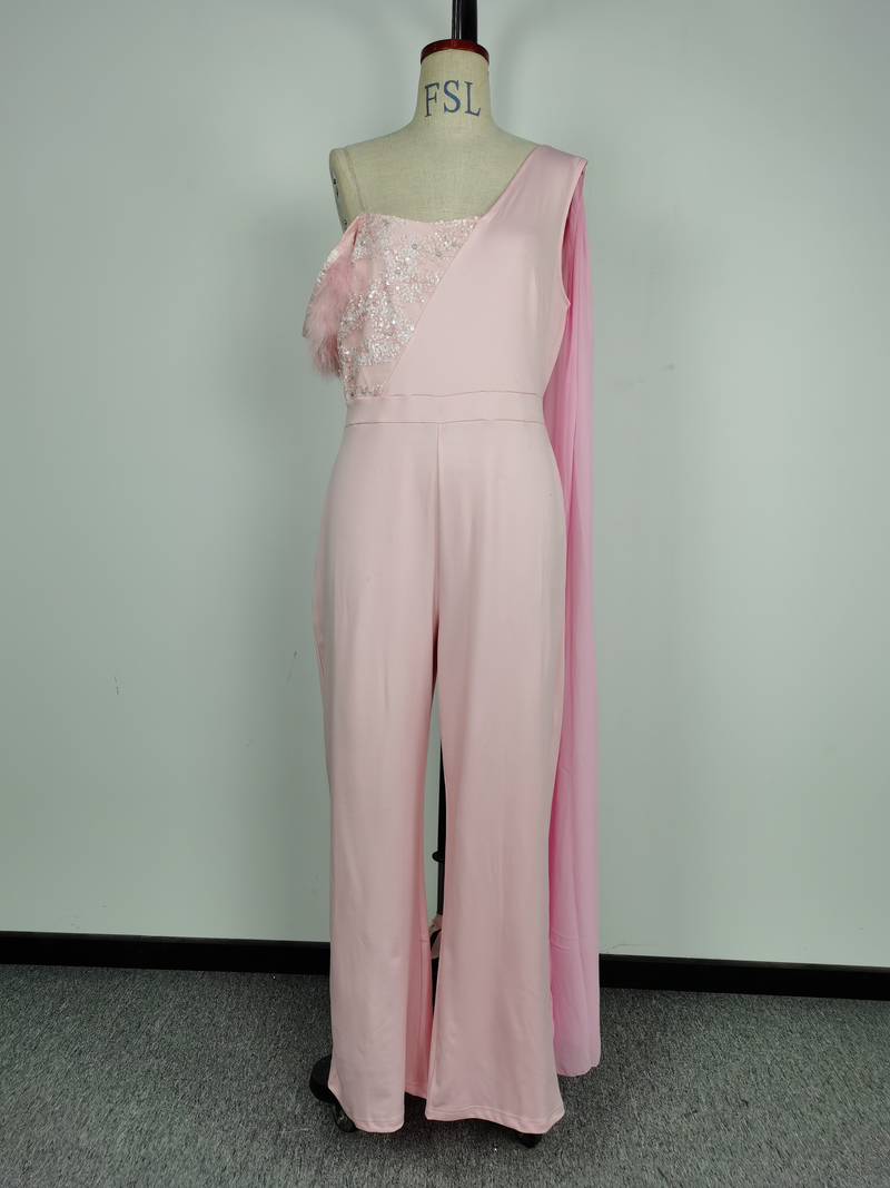 Women's Pink Fashionable One-shoulder Drag Sequined Jumpsuit Women's Clothing_voghion.com