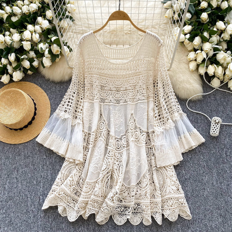 Abito in maglia retrò bohémien per donna, estivo, ampio, con design a gancio cavo, con giunture e gonna corta._voghion.com