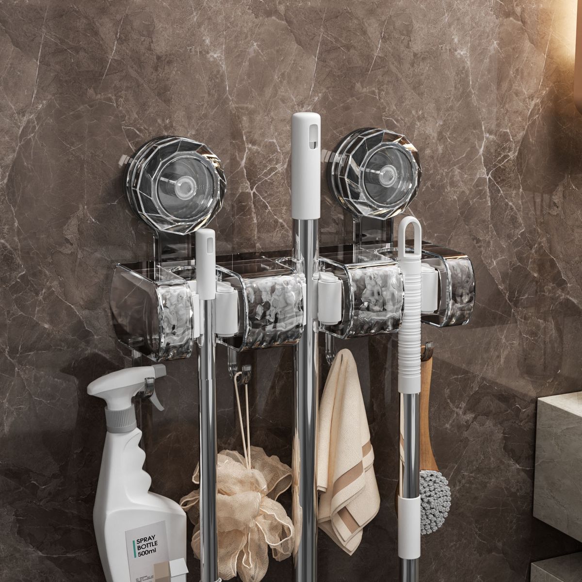 Heavy Duty Suction Cup Broom Holder - Wall Mount Storage Organizer For Mop, Broom & Cleaning Tools, Strong Adhesive Hooks For Bathroom & Kitchen_voghion.com