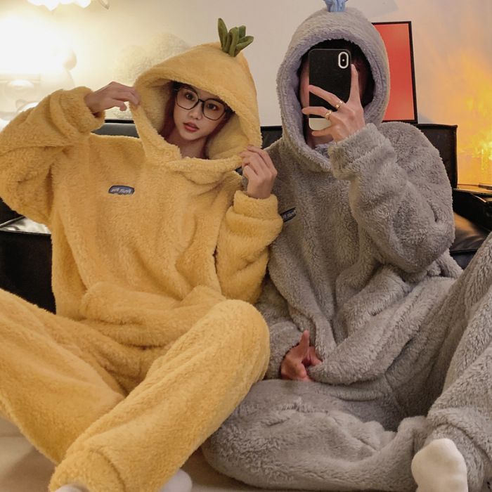 Nové zimní jednobarevné pyžamo s kapucí pro páry ztluštěné sametem s dlouhým rukávem pro muže a ženy, flanel_voghion.com
