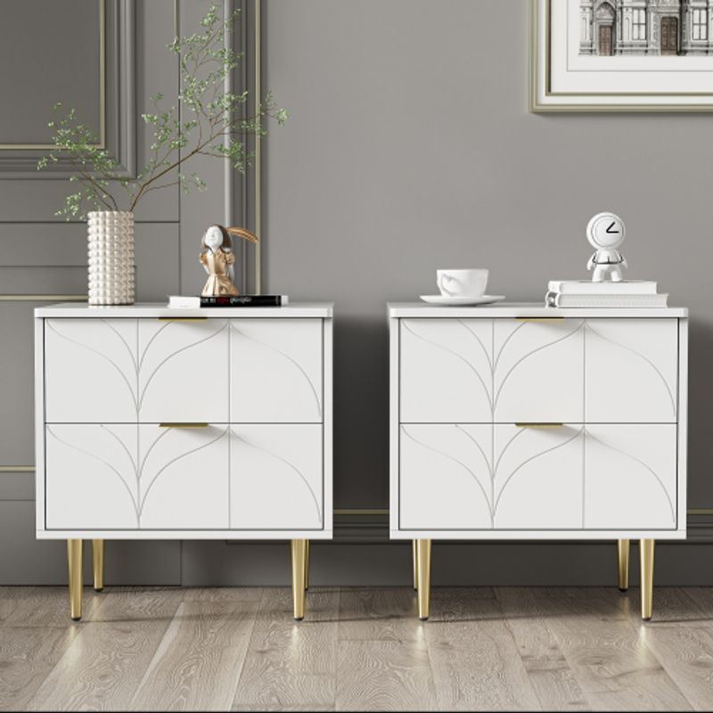 Moderner Nachttisch Mit Vergoldeten Füßen Und Knöpfen, Florales Muster, 2er-Set Mit 2 Schubladen, Lackiert, Ecken Mit Anti-Bump-Design, 50B*40T*54H Cm, Weiß_voghion.com