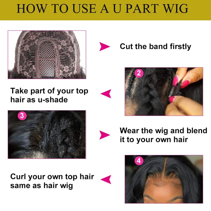Perruques brésiliennes bouclées crépues en U, cheveux humains sans colle, perruques afro bouclées en U pour femmes_voghion.com