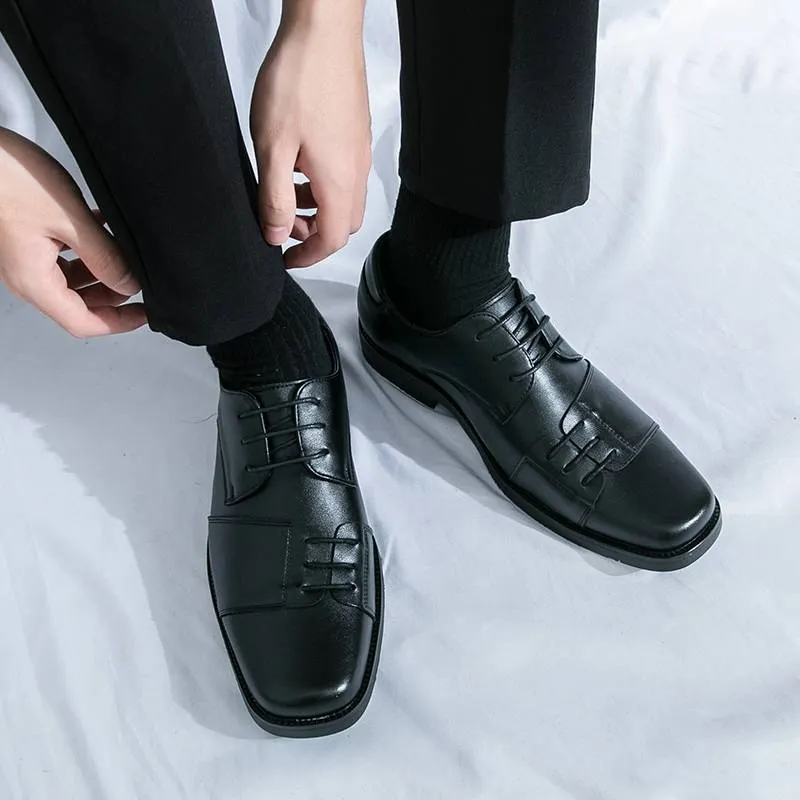 Chaussures pour hommes à bout carré, chaussures derby à lacets en cuir véritable, style britannique, marron, pour robe de banquet et de mariage_voghion.com