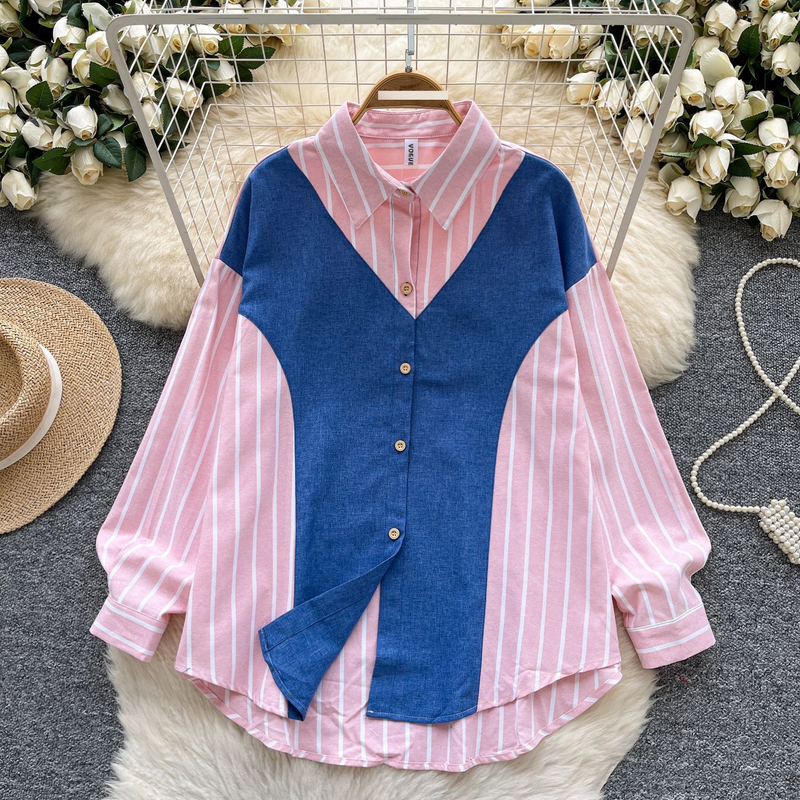 Abbigliamento da donna, stile minimalista, leggero, di lusso, di alta qualità, con colletto a polo a righe, a maniche lunghe, per donna, in estate, con top larghi in lenza da pesca._voghion.com
