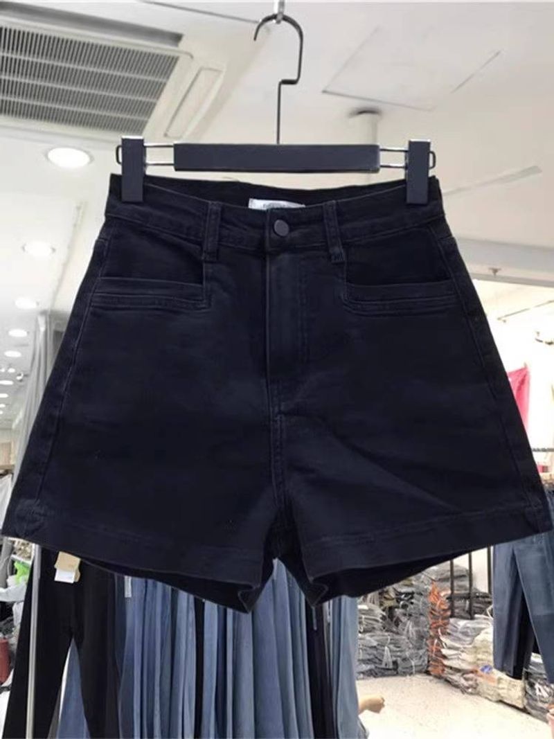 Summer Black High-waisted Denim Shorts For Women, Pear-shaped Figure, Elastic, Hip-covering And Slimming A-line Pants, Hot Pants_voghion.com