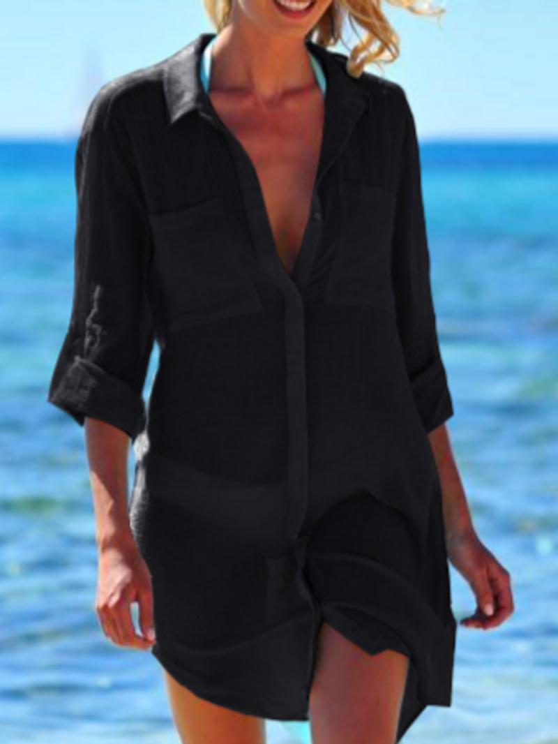Women's Clothing New Wrinkled Cloth Two Hidden Pockets Buckle Beach Cover Up Bikini Jacket Shirt Swimsuit_voghion.com