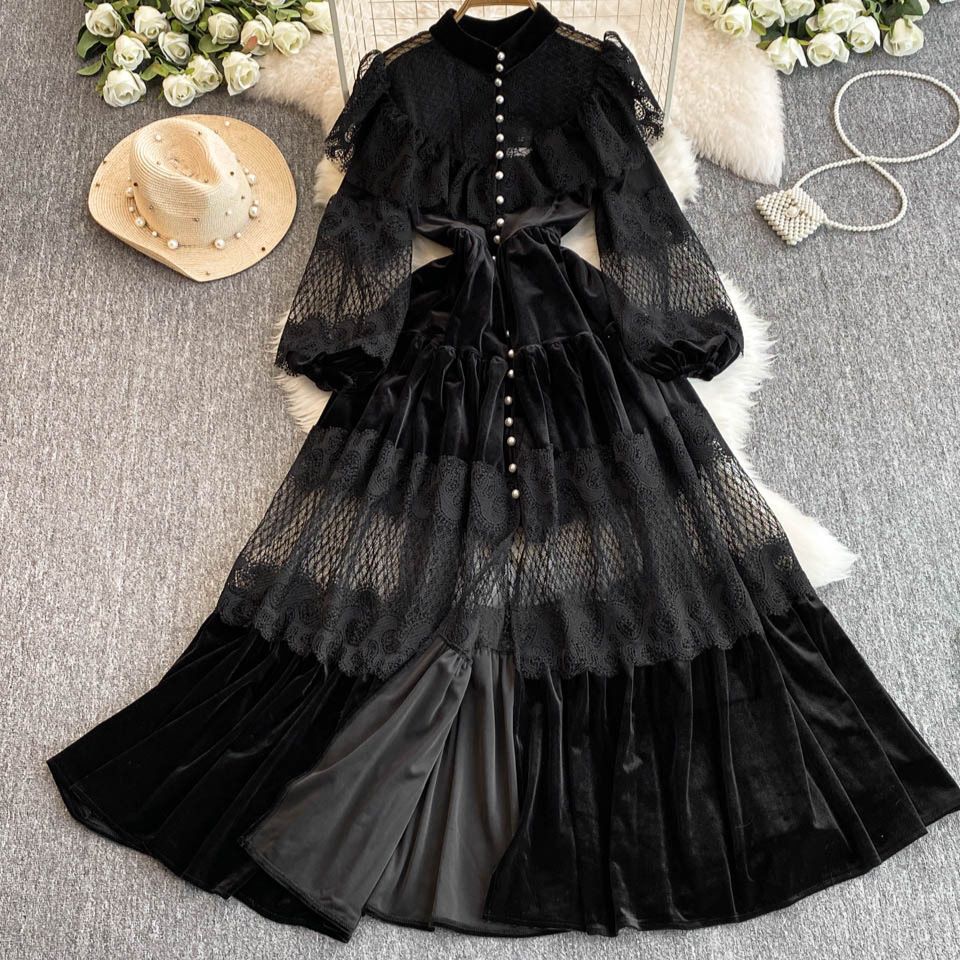 Falda larga de terciopelo con cuello alto, encaje y perla de una sola botonadura para mujer_voghion.com