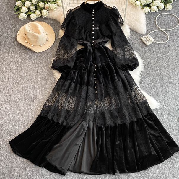 Falda larga de terciopelo con cuello alto, encaje y perla de una sola botonadura para mujer_voghion.com