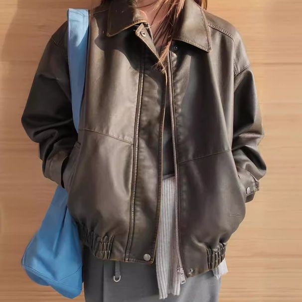 Women's Clothing Retro PU Leather Short Motorcycle Jacket For Women Autumn And Winter New Loose Leather Lapel Jacket_voghion.com