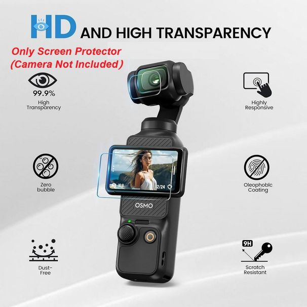 Protector de pantalla para DJI Osmo Pocket 3 Creator Combo, película de vidrio templado HD de dureza 9H, protector de pantalla LCD + protector de lente (paquete de 2)_voghion.com