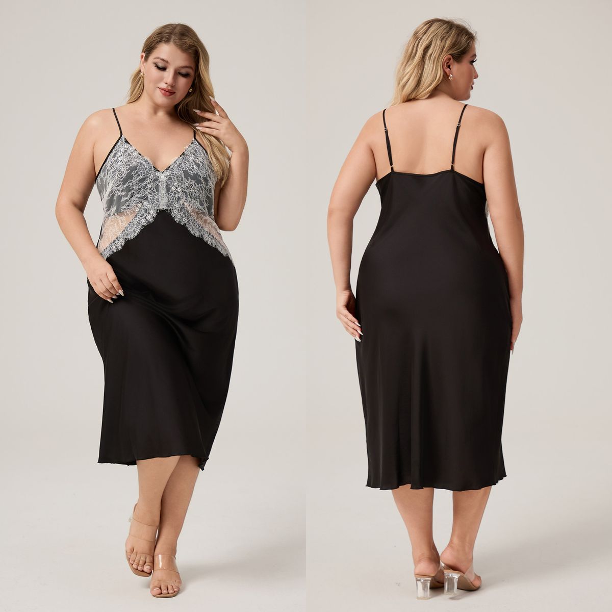 Satin-Hosenträgerpyjama in großer Größe, sexy Spitzennachthemd, lange Loungewear C_voghion.com