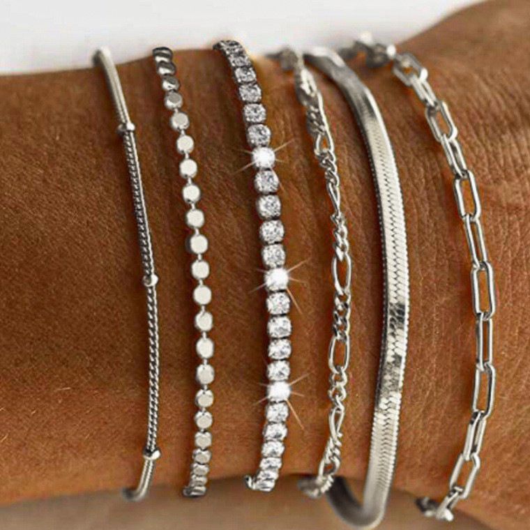 Bohemiska minimalistiska handsmycken i metall för kvinnor, set med 6 flerskiktade kedjor, enkelt armband_voghion.com