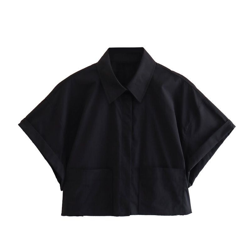Summer New European And American Style Loose Short Pocket Decoration Poplin Shirt_voghion.com