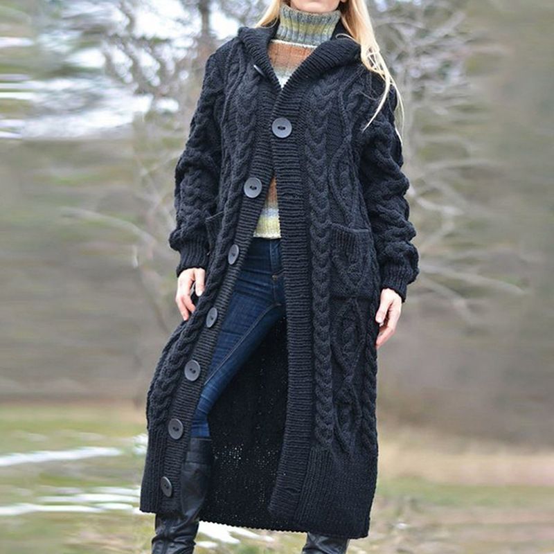 Damen-Pullover-Mantel, locker gestrickt, Knopf-Cardigan, Taschen-Twist, mittellang_voghion.com