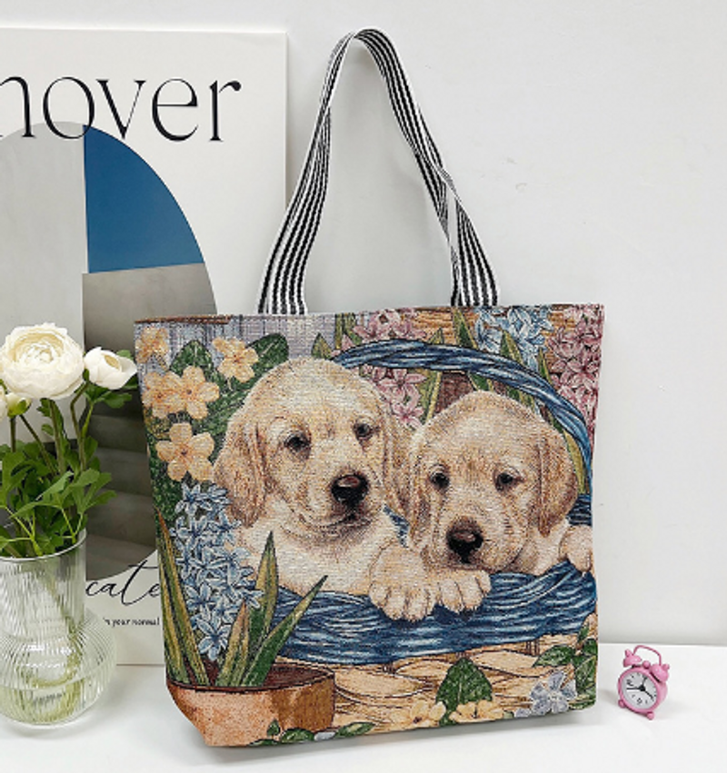 Brandneue, bestickte Canvas-Einzelschultertasche im Retro-Stil mit süßem Kätzchen und Hund, einfache, große Kapazität, Damentasche_voghion.com