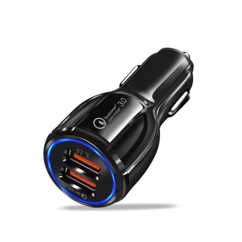 Caricabatterie rapido per auto con doppia porta USB QC3.0 e uscita 6A e LED Halo – Caricabatterie compatto da 12V/24V per una ricarica rapida in movimento_voghion.com