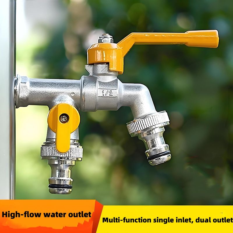 Thickened Outdoor Faucet, Frost-resistant And Crack-proof, Suitable For Courtyards And Gardens, Single-inlet And Double-outlet, Single-cold-water-connect, Quick-connect Dual-outlet Faucet._voghion.com