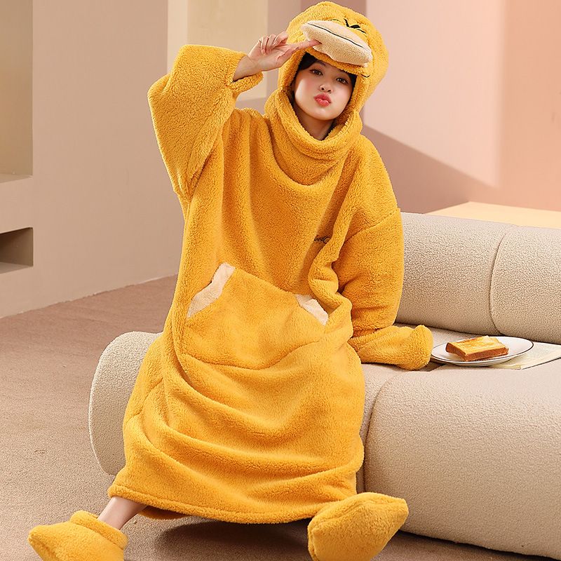 Pajamas for women in autumn winter, coral fleece hooded extended version, thick and high neck nightgown, flannel home_voghion.com